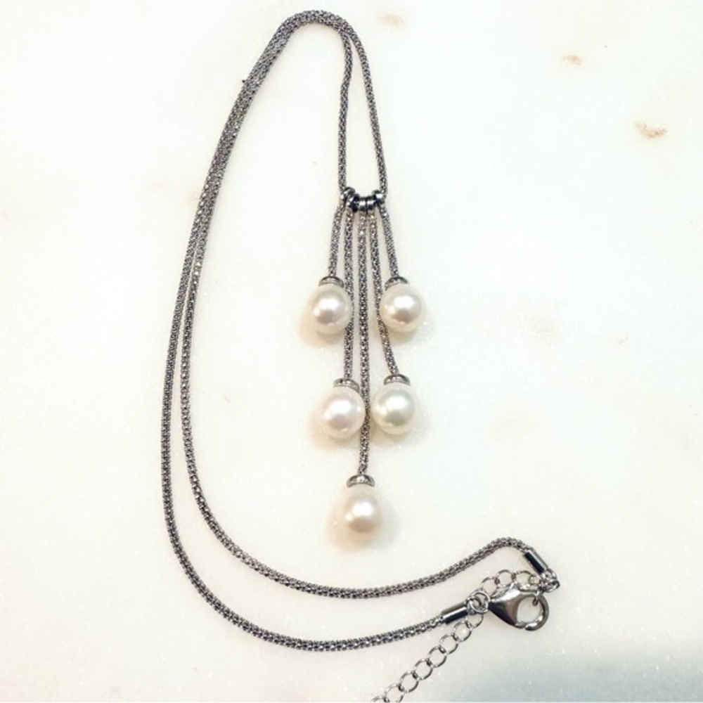 White Freshwater Pearl Popcorn Chain Rhodium over Sterling Silver Drop Necklace